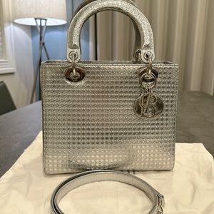Dior Metallic Silver Micro Cannage Patent Leather Lady Dior Tote